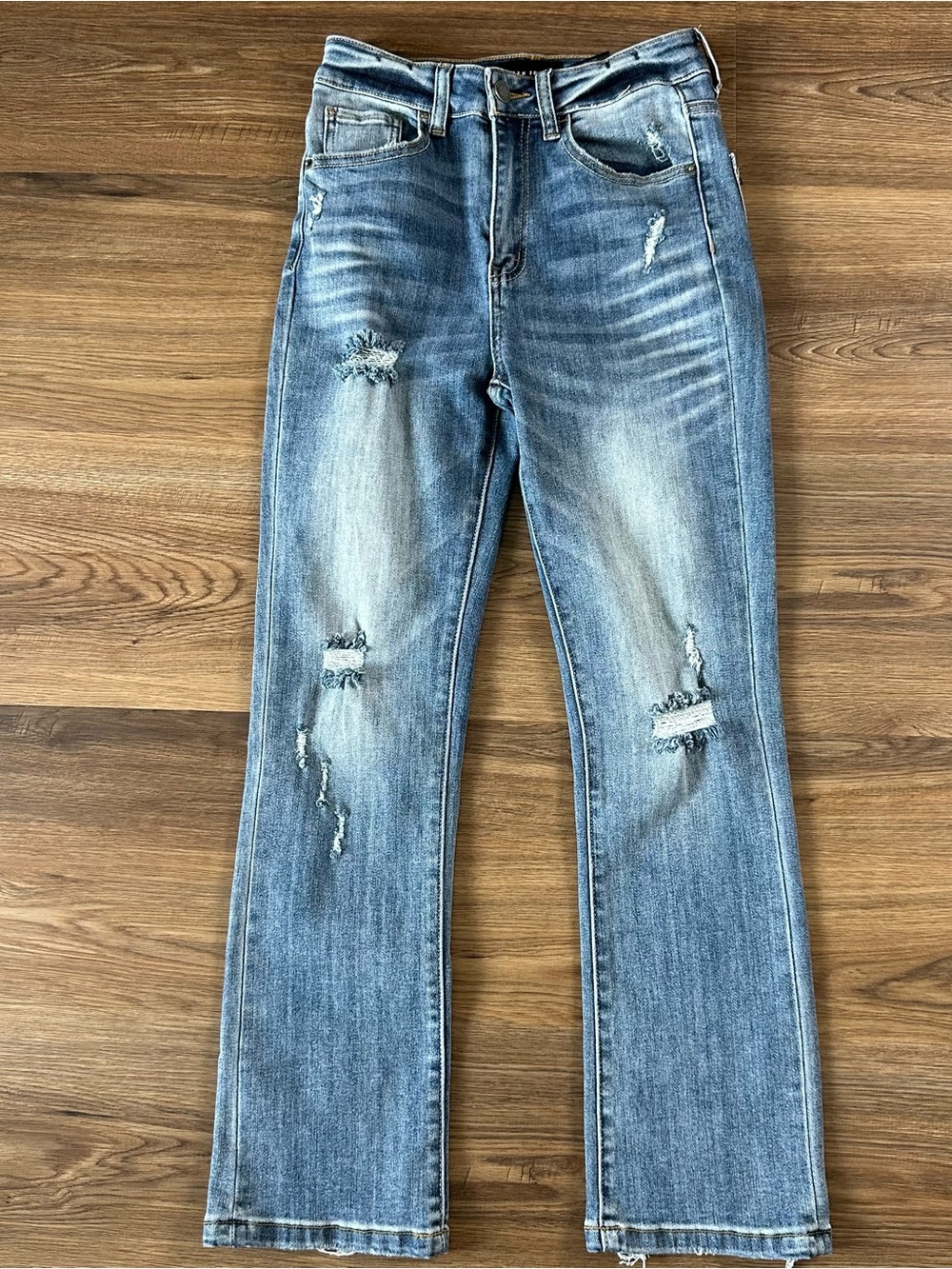 Risen Straight Leg High Waist Denim Jeans Stretch Size 25 Crop Distressed Preppy